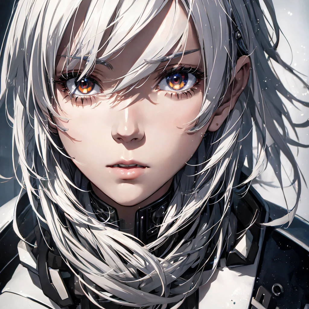 Dystopia、Head close-up、one adult woman, White hair color、Amazing anime 8k,male Anime characters, trigger anime art style,、 Best anime 4k konachan wallpaper, Nervous Teenage Assassin, Anime-style characters, Anime characters,