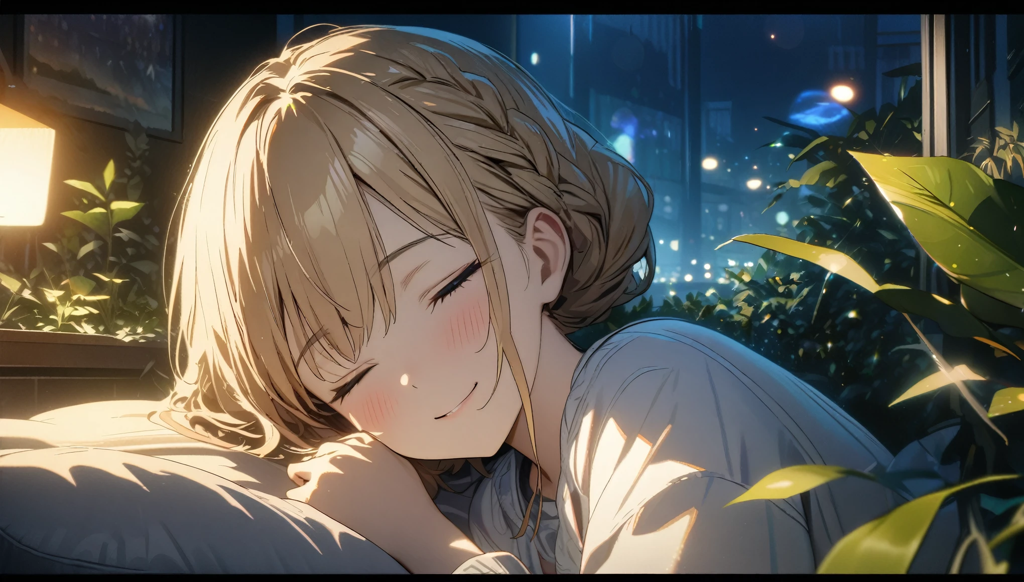 one girl, blonde short hair and bob hair、a braid, I tied my hair in a bun with a hair clip..、smile、gentle smile on her face、flat chest, one Beautiful girl,((masterpiece, illustration, best quality) ((ultra-detailed)),sleeping with her eyes closed at her room during nighttime in a suburban area surrounded by plants, 濃い青とBeautiful Blueのグラデーション, High resolution, 8K HD detail, hyper-detail, cinematic, surrealism, soft light, deep field focus bokeh, ray tracing and surrealism. --v6