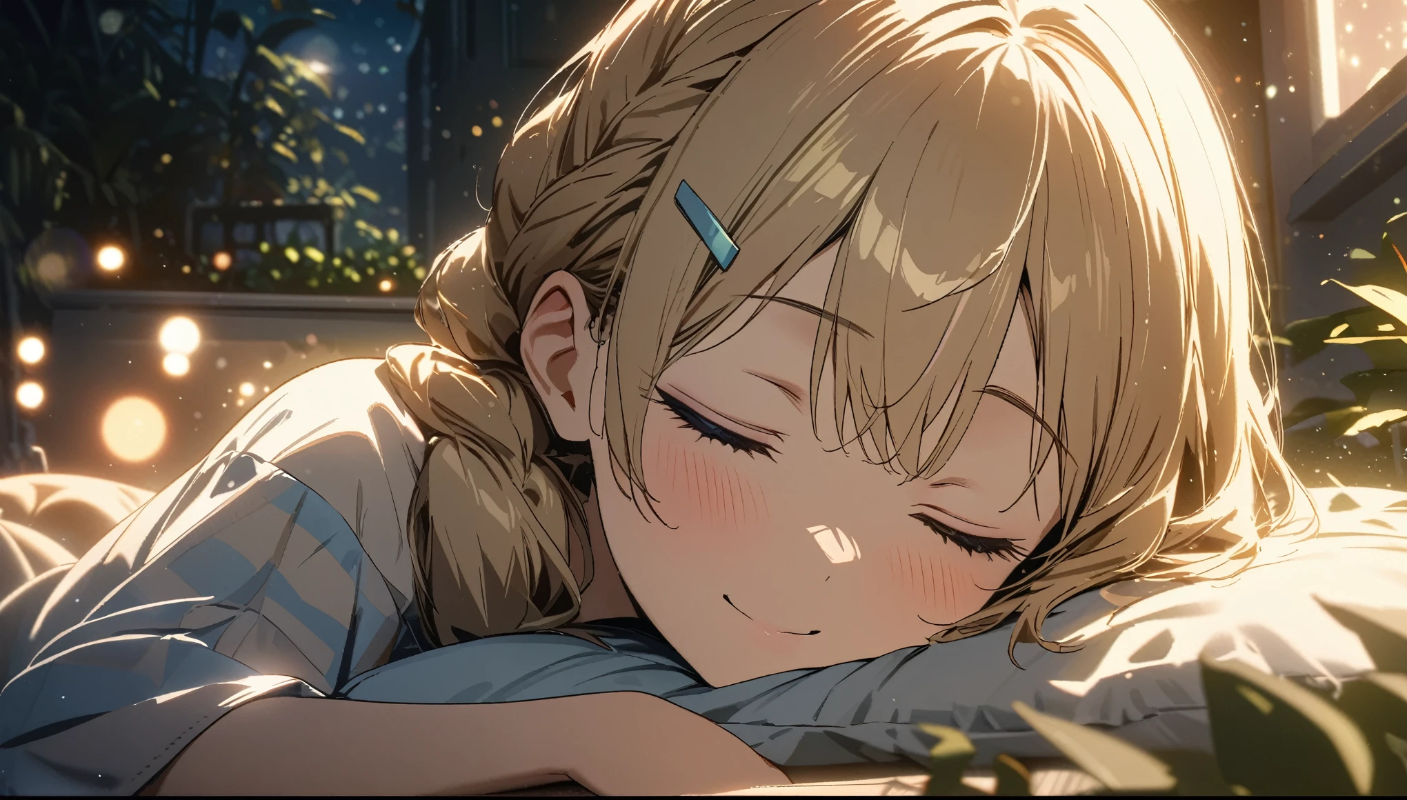 one girl, blonde short hair and bob hair、a braid, I tied my hair in a bun with a hair clip..、smile、gentle smile on her face、flat chest, one Beautiful girl,((masterpiece, illustration, best quality) ((ultra-detailed)),sleeping with her eyes closed at her room during nighttime in a suburban area surrounded by plants, 濃い青とBeautiful Blueのグラデーション, High resolution, 8K HD detail, hyper-detail, cinematic, surrealism, soft light, deep field focus bokeh, ray tracing and surrealism. --v6