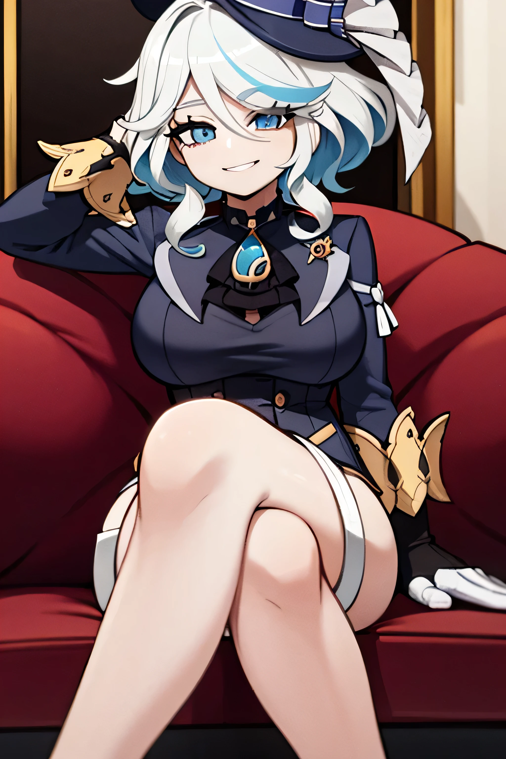 1 young cute girl,, couch, smilling, short white hair,confidant face,choker, shorts, hat, (thick thighs:1,5), wide hips, sitting, suit, crossing legs, long legs, gloves, big breasts