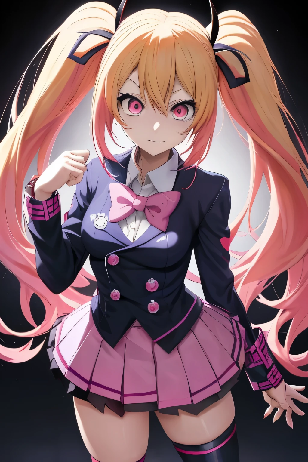     Ultra detailed anime , (demon slayer ) ,  girl , very long blonde hair frinje twintails pink  and blue ,crazy, malicious , harley quinn ,mitsuri kanroji , medium breasts , sexy , demon  slayer  uniform  , hashira style,  mini-skirt , (kimetsu no yaiba ) , long socks , pose . Segurando uma motosserra  . Standing. Blood.  Cyberpunk. 