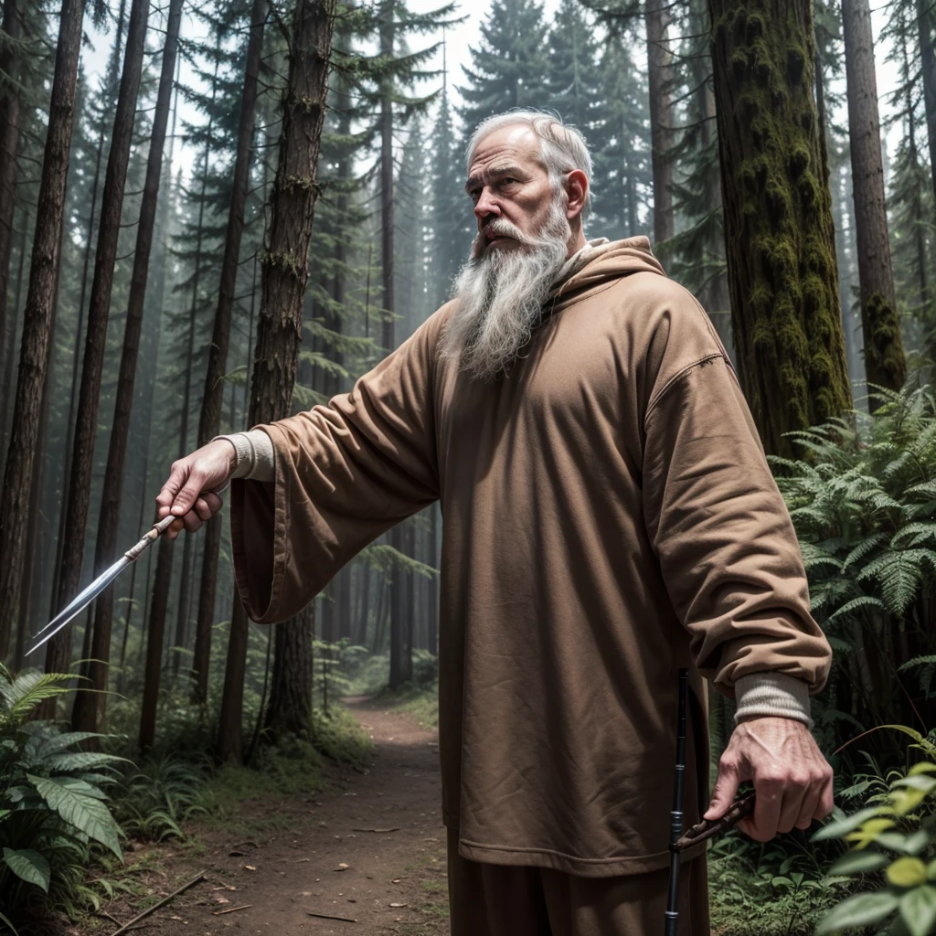 Very old man(slender stature) with white beard and brown sweatshirt(Druid), is in the forest, has a powerful staff in his hands(errant stab)