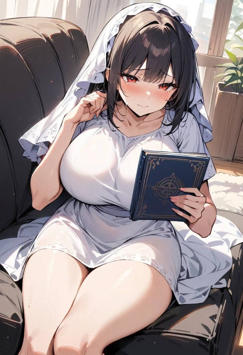 ((Best Quality)), ((masterpiece)), (detailed), 1 girl, black hair, long, Hair covers half of the face, Red eyes, big breasts, big thighs, shy expression, blushing, gray skin, White dress, at home, sitting on the couch, with pain, covering his face with a book