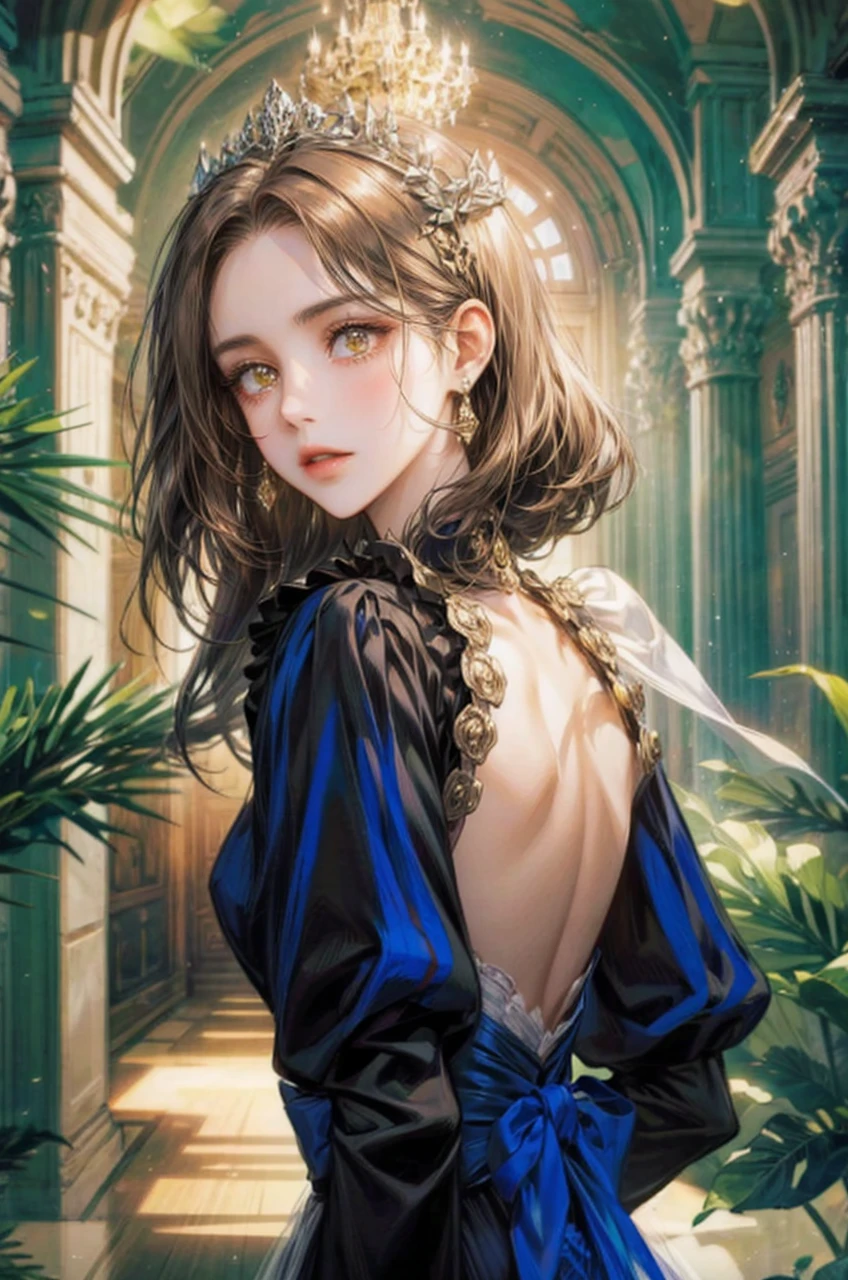 Noble woman, skin black, yellow eyes, brown hair, comprido, the background is a palace hall