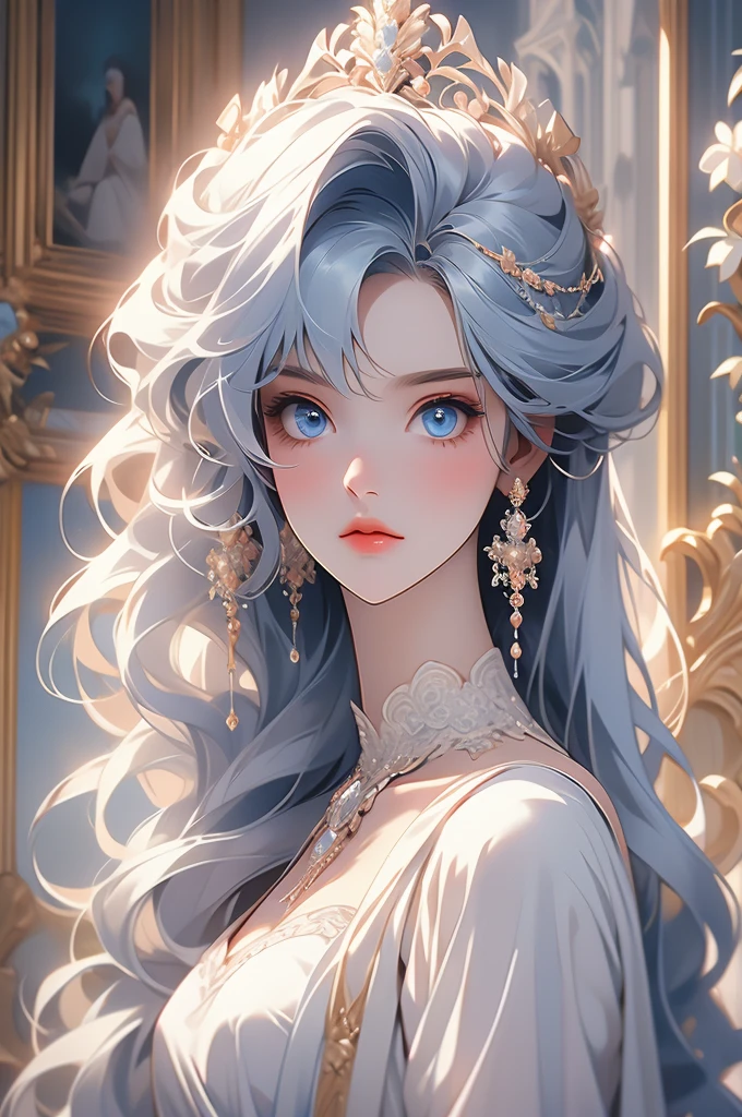 1girl, white hair, white dress, blue eyes, opulent dress, princess, fan, marble hall, obsessive gaze, yandere