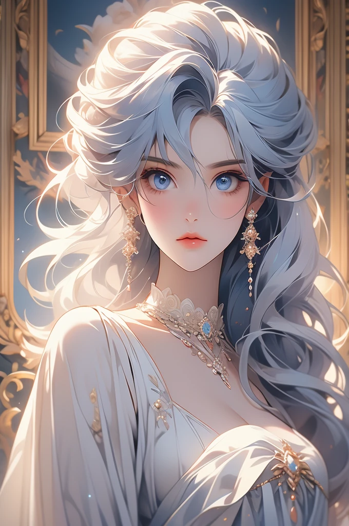 1girl, white hair, white dress, blue eyes, opulent dress, princess, fan, marble hall, obsessive gaze, yandere
