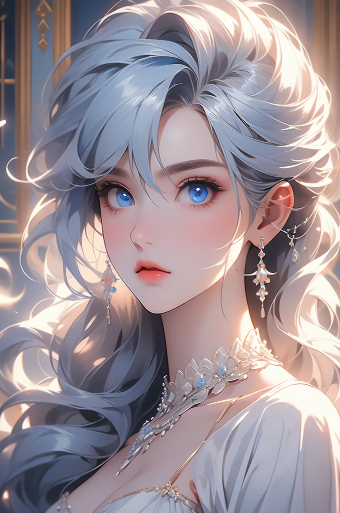 1girl, white hair, white dress, blue eyes, opulent dress, princess, fan, marble hall, obsessive gaze, yandere