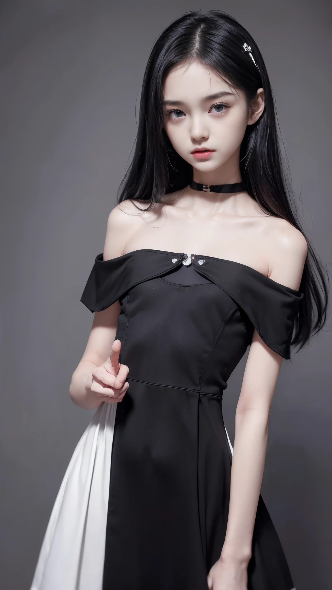 ((Nice background:1.2)), (((girl with flat chest:1.4)))、(14 year old beautiful girl:1.3、Baby Face:1.5)、Slender body line、Small and slender figure、((Wearing a lovely light black and white dress:1.3))、((Detailed eyes and face:1.2、Professional photography techniques))、(I can&#39;t see my hands:1.3、The right move)、((Tight waist:1.3、Slim Belly:1.2))、Thin thighs、Beautiful buttockoisturizing lips、(Beautiful eyes with attention to detail)、double eyelid、Small Nose、Cute Face、Beautiful Skin、(Correct Anatomy)、Highest quality、Highest quality、Masterpiece、Ultra high definition、(Reality:1.37)、(Gaze at the viewer:1.2、blush:1.2、Idol-like facial expression:1.3)、(I have nothing:1.5)