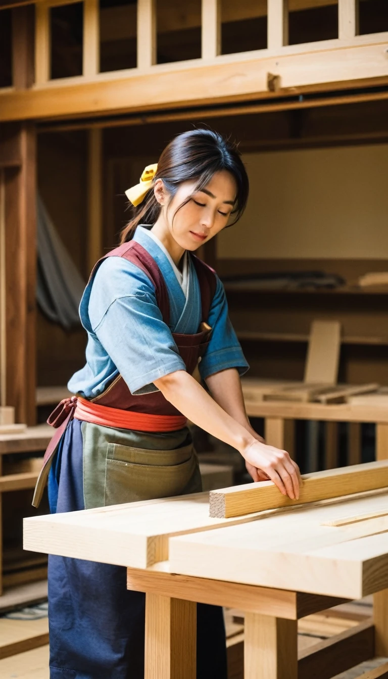 A raw and inspiring image that captures the essence of a Japanese female carpenter's work, very beautiful, working wood, she has a wooden table equipped with tools, and around it several pieces of wood leaning against the wall, This scene was captured with a Nikon D850 camera and a Nikkor 24-70mm f/2.8E ED VR Lens, Recognized for its exceptional sharpness and weather resistance.. Fits are designed to emphasize movement and intensity.: an aperture of f/2.8 to maintain a shallow depth of field, an ISO of 800 to ensure clarity in the rain, and a shutter speed of 1/400 seconds to freeze powerful moves.. The composition is enriched with elements of nature and motivational quotes subtly mixed with the scene., creating a backdrop of unwavering spirit and determination. This photo is not just about a workout.; It is a testimony to the unbreakable will and the relentless search for strength in the face of nature's challenges... --with 16:9 --q 2 --v 5