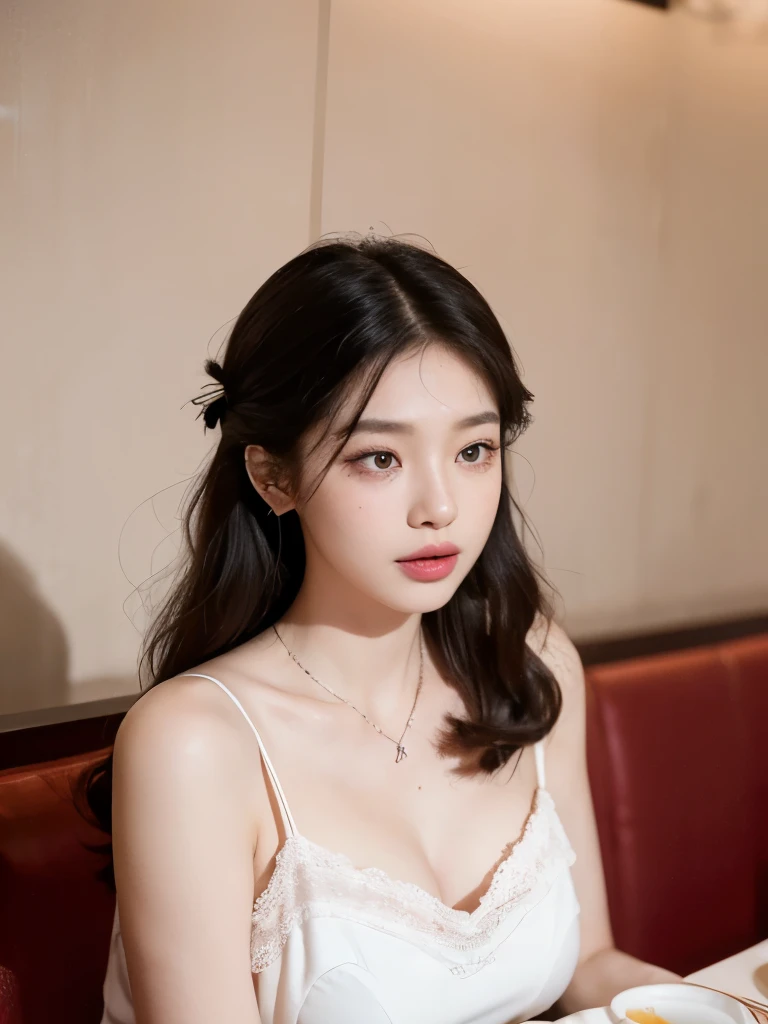 Kim Jennie with black hair, with curlers at the ends, Brown eyes, beautiful eyes, crying eyes, beautiful, splash your nose, watery nose, beautiful lips, pink lips, heart and cupid shaped lip, beautiful skin, pale white skin, with moles and freckles all over his face, soft pink blush on cheeks, soft pink makeup, Nice neck, marked collar, tender look, with a kiss necklace, while wearing a white dress, white dress with rose print, beautiful vestido, as long as you have a slim and beautiful abdomen, sexy (big breasts, soft breasts, beautifuls pechos), while in a restaurant eating noodles, autophoto, looking to the camera