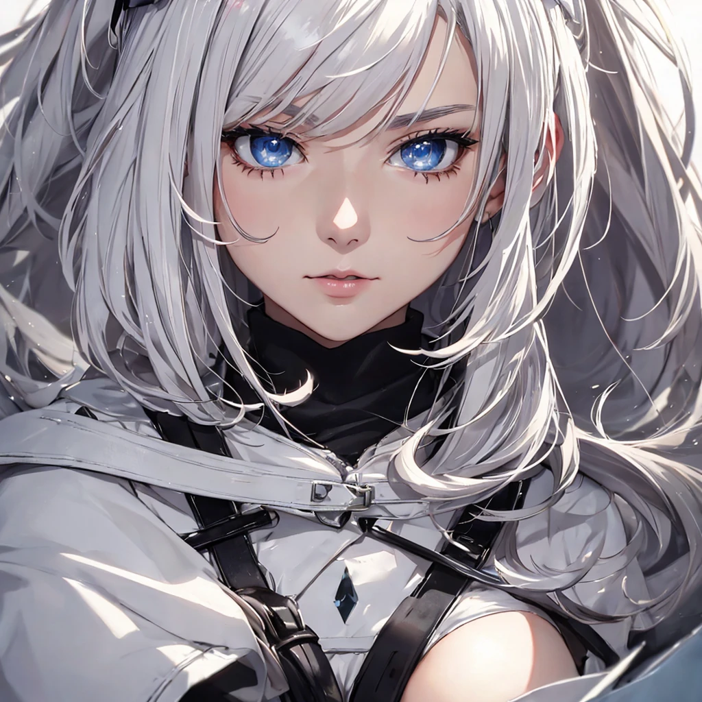 The background is pure white、Close-up of face、Photograph everything, even the hairstyle、one adult woman, White hair color、Amazing anime 8k,male Anime characters, trigger anime art style,、 Best anime 4k konachan wallpaper, Nervous age Assassin, Anime-style characters, Anime characters,