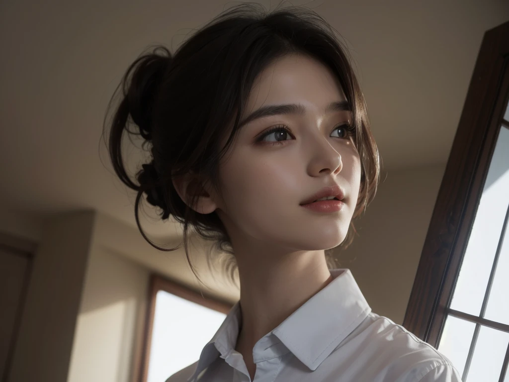 Highest quality, masterpiece, (Realistic:1.4), One girl, A light smile, Collared shirt, Upper Body, Dramatic lighting, From below