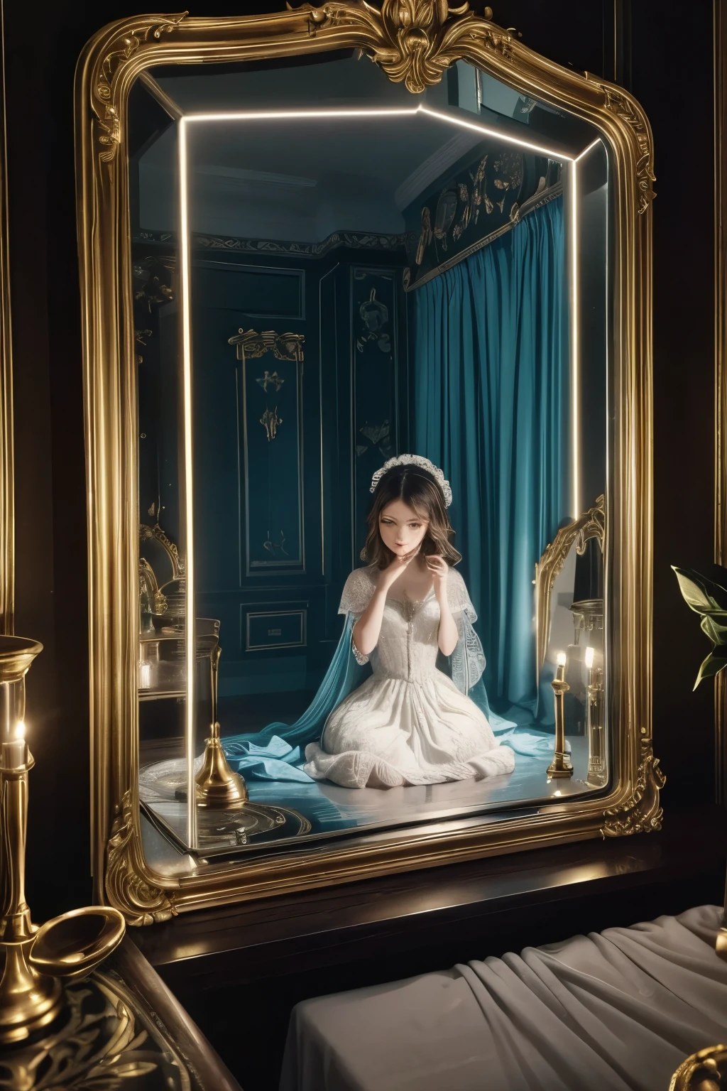 The interior of a dark room, illuminated only by a table light. Clara is in front of an antique mirror, putting on makeup. The mirror has a baroque or Victorian style frame.