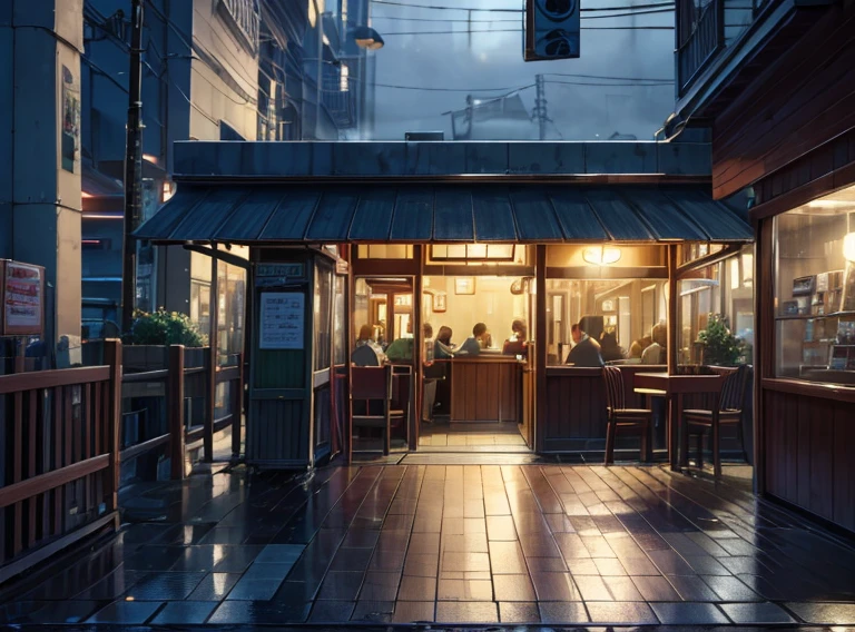 A magical scene of a small coffee shop on a rainy afternoon, captured by Makoto Shinkai, Soft color palette that enhances the atmosphere, lofi music adding a unique sound layer, atmosphere of serenity and conviviality (best qualityer), 8k resolution), (ultra highres).

