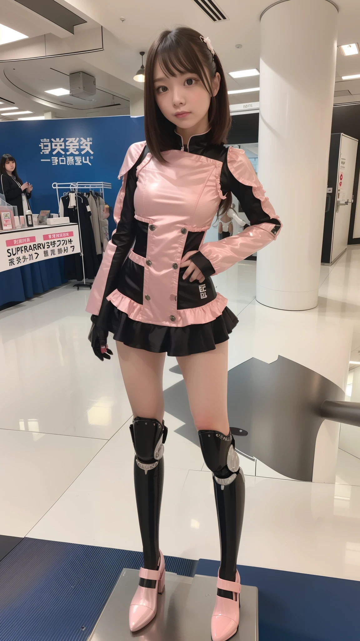 Robot Girl, pink, Silver, Metallic body, Robot Parts, Metal Parts, Super Detailed Face, Super well-formed face, of the highest quality, a small face, a small head, Brown hair, Slender body, Camera gaze, Internal Mechanical Exposure, Idol, front facing, Well-proportioned body, sale, Exhibited, Event Hall, Moe Pose, pink metallic Lolita dress machine armor, Standing with legs open, Model body type, sad, Embarrassing,(Perfect Robot Girl),(Perfect machine body)