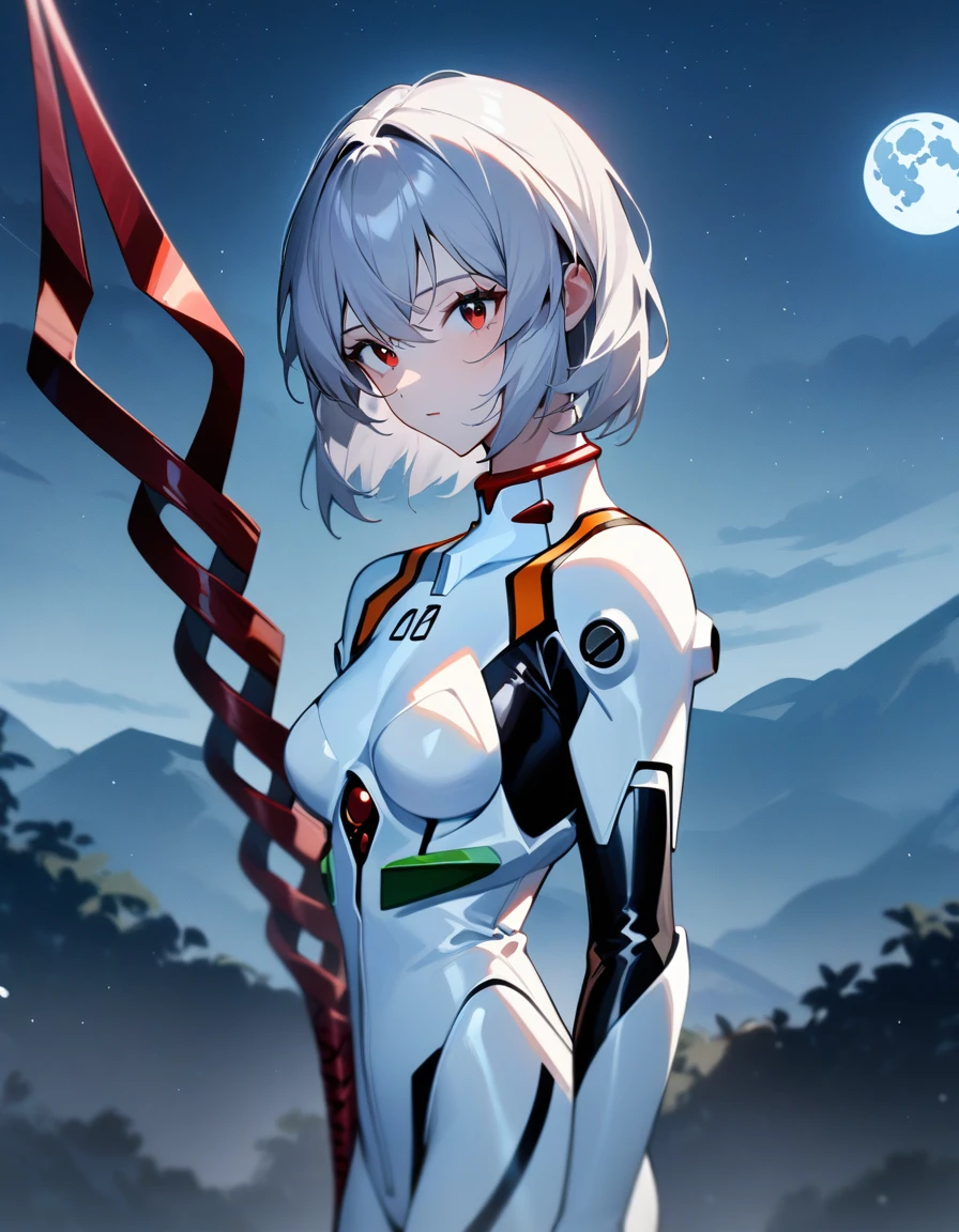 One girl, Rei Ayanami, Shortcuts, Neon Genesis EVANGELION, Lance of Longinus, full moon, Plug Suit, Pilot Suit, White bodysuit, Are standing, 00 on the chest, Looking Backwards, Turn your face and stare, , View your viewers, Outdoor, masterpiece, Highest quality, so beautiful, Absurd