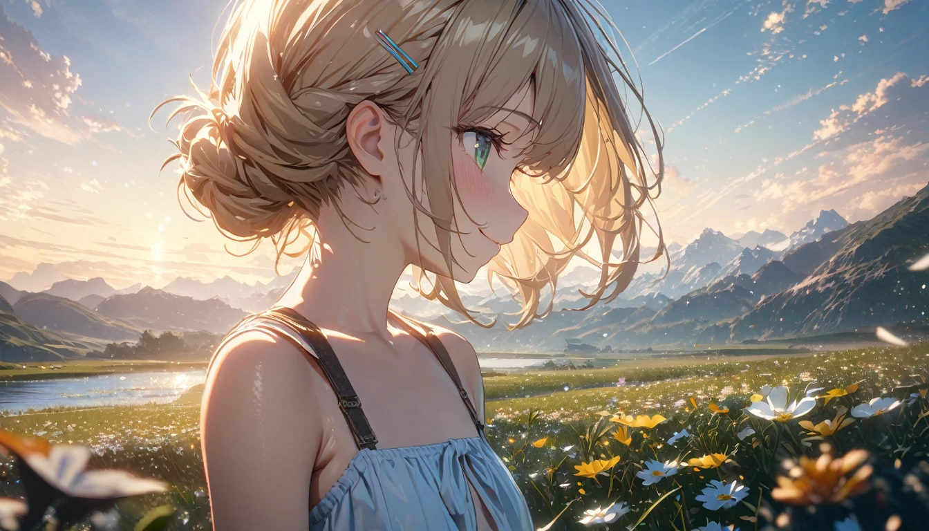 one girl, blonde short hair and bob hair、a braid, I tied my hair in a bun with a hair clip..、smile、beautiful green eyes, gentle smile on her face、flat chest, one Beautiful girl,((masterpiece, illustration, best quality) ((ultra-detailed)), background: Summer, meadows, a few small flowers, clear lakes, heaven, large clouds, blue sky, hot weather, HD detail, hyper-detail, cinematic, surrealism, soft light, deep field focus bokeh, distant vistas are snowy mountains, ray tracing, and surrealism. --v6, 濃い青とBeautiful Blueのグラデーション, High resolution, 8K HD detail, hyper-detail, cinematic, surrealism, soft light, deep field focus bokeh, ray tracing and surrealism. --v6