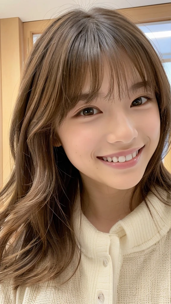 ((Selfie 1.6))((smile1.6))、the front、close - up face、Wavy hair⦅Looking at the camera⦆a blond、With bangs、Best Quality, masuter piece, 超A high resolution, (Photorealistic:1.4), Raw photo, high-level image quality, high-detail, masterpiece、a 18 year old girl、In the apartment