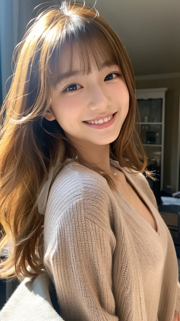 ((Selfie 1.6))((smile1.6))、the front、close - up face、Wavy hair⦅Looking at the camera⦆a blond、With bangs、Best Quality, masuter piece, 超A high resolution, (Photorealistic:1.4), Raw photo, high-level image quality, high-detail, masterpiece、a 18 year old girl、In the apartment