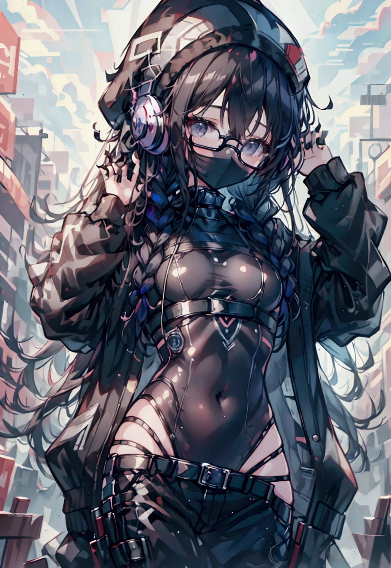 masterpiece, high quality cg, anime, illustration, best quality, 1girl, bound, bondage, beautiful face, detailed face, cowboy shot, dokkaebi, 1girl, solo, looking at viewer,  black hair, braid, glasses, black gloves, belt, pants, black eyes, twin braids, streaked hair, black headwear, bodysuit, black pants, round eyewear, black bodysuit, beanie, hair behind ear, 