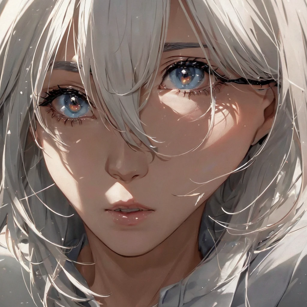 The background is pure white、Close-up of face、Close one eye、one adult woman, White hair color、Amazing anime 8k,male Anime characters, trigger anime art style,、 Best anime 4k konachan wallpaper, Nervous Teenage Assassin, Anime-style characters, Anime characters,