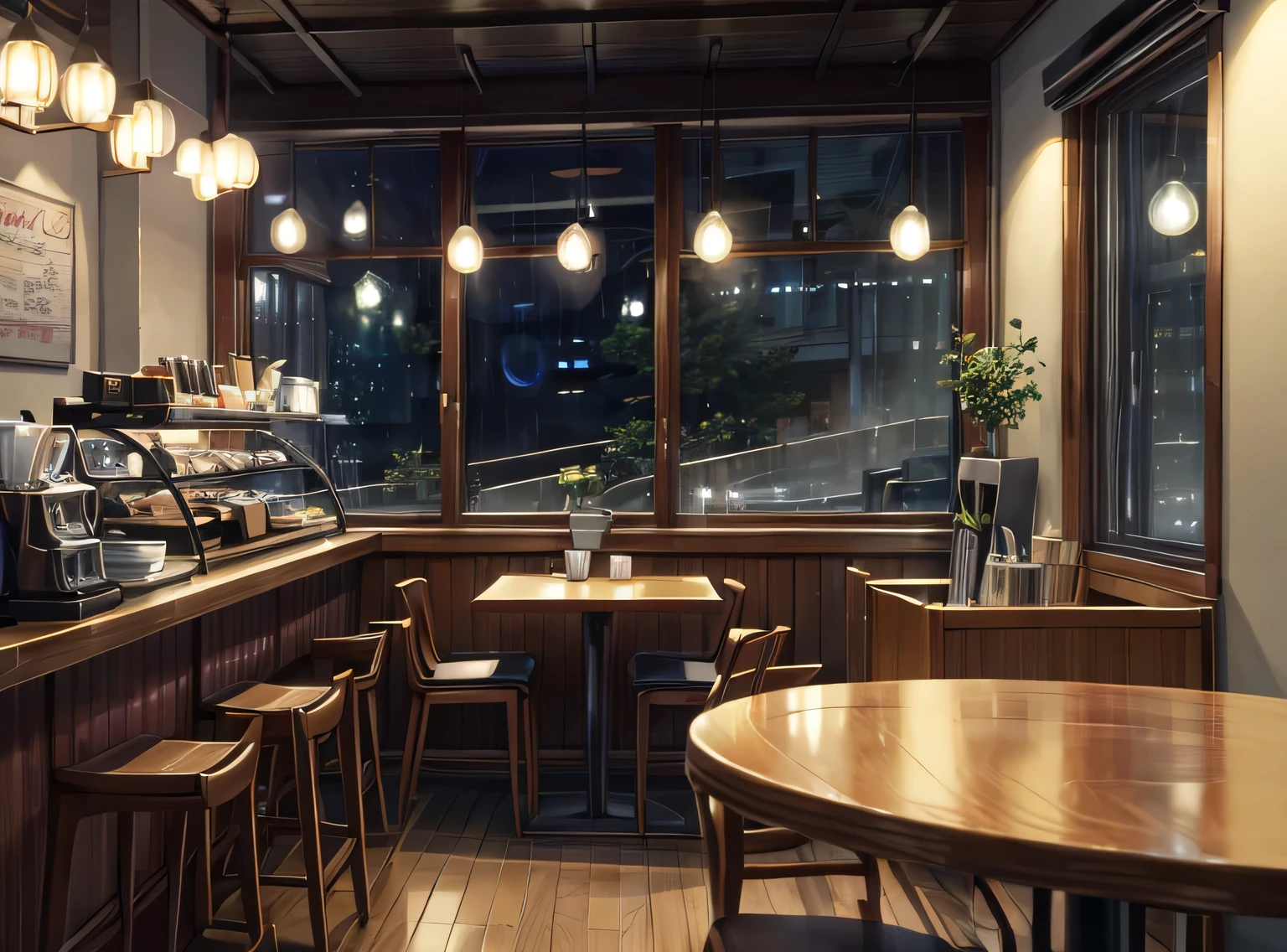 A magical scene of a small coffee shop on a rainy afternoon, captured by Makoto Shinkai, Soft color palette that enhances the atmosphere, lofi music adding a unique sound layer, atmosphere of serenity and conviviality (best qualityer), 8k resolution), (ultra highres).

