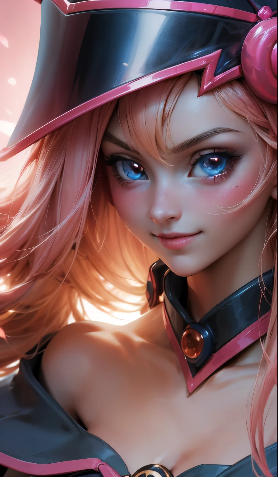 Create the beautiful face of dark magician gils. blue eyes. pink lips. Tez blanca. blond hair. Tender girl smile. dark wizard gils