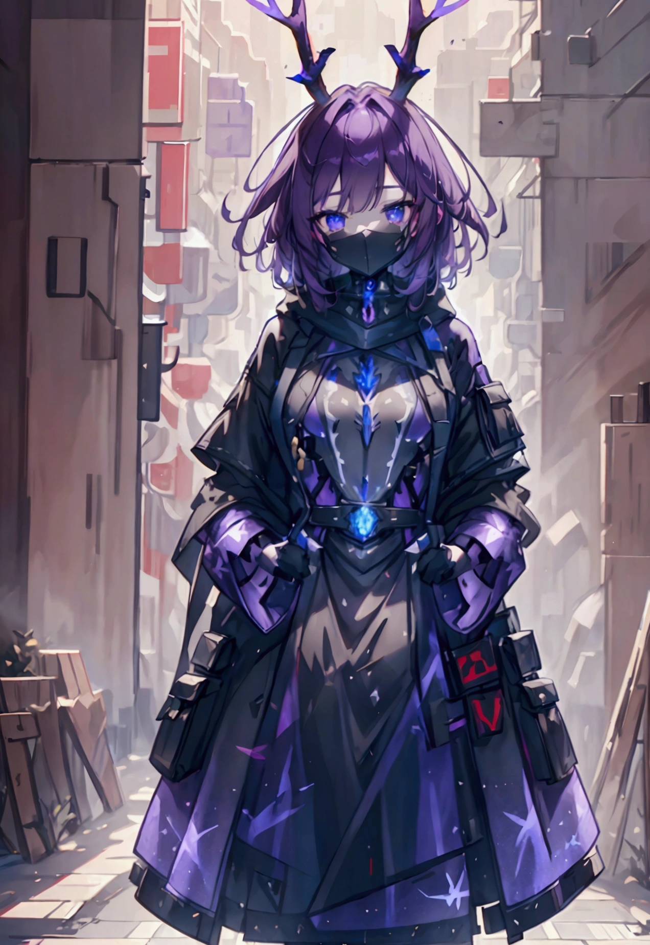 a knight jackalope with short purple hair, jackalope antlers, wearing dark armor, (best quality, 4k, 8k, highres, masterpiece:1.2), ultra-detailed, realistic, photorealistic, photo-realistic:1.37, HDR, UHD, studio lighting, extremely detailed, professional, vivid colors, bokeh