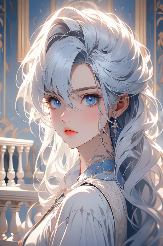 1girl, white hair, white dress, blue eyes, , marble hall, obsessive gaze, yandere