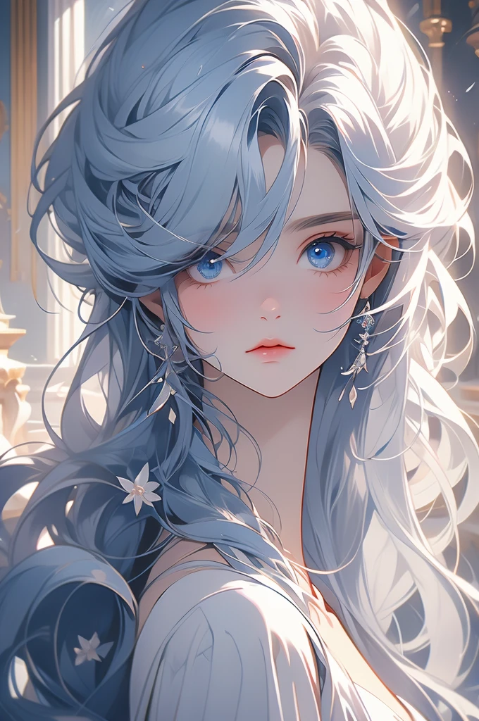 1girl, white hair, white dress, blue eyes, , marble hall, obsessive gaze, yandere