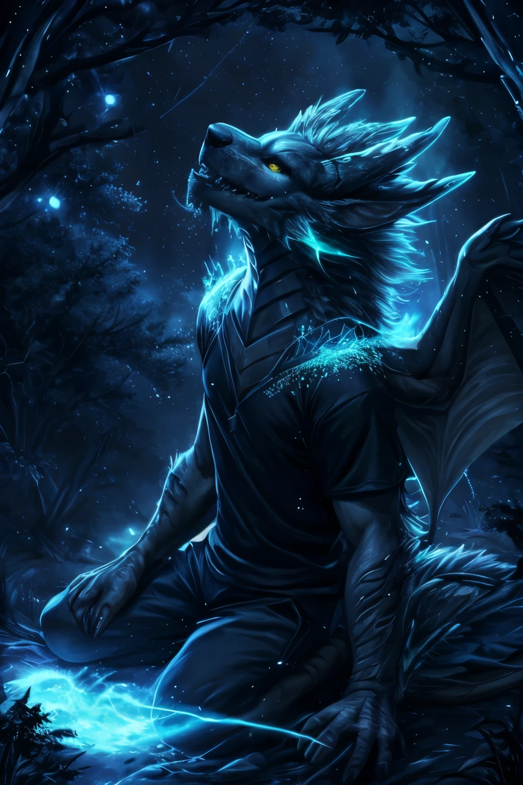 lewd eyes, in a panoramic view,Character focus,Full body like,solo,solo person, Correct human anatomy。male people,Furry male wolf,Yellow eyes,whiteskin,A pair of dragon wings, Gray hair(The long),Wear white ear headphones,couple(small)Blue horn fluorescence,In the forest,the night,starrysky,Sit sideways on the treetops,Take control of the magic,Floating magic all around,black t-shirts,grey shorts,Sports socks,head looking up,Looking at the night sky,drools,PRAYER,Young style,height of one meter seven,Handsome, There is a wolf tail,k hd,8k,1440*2048