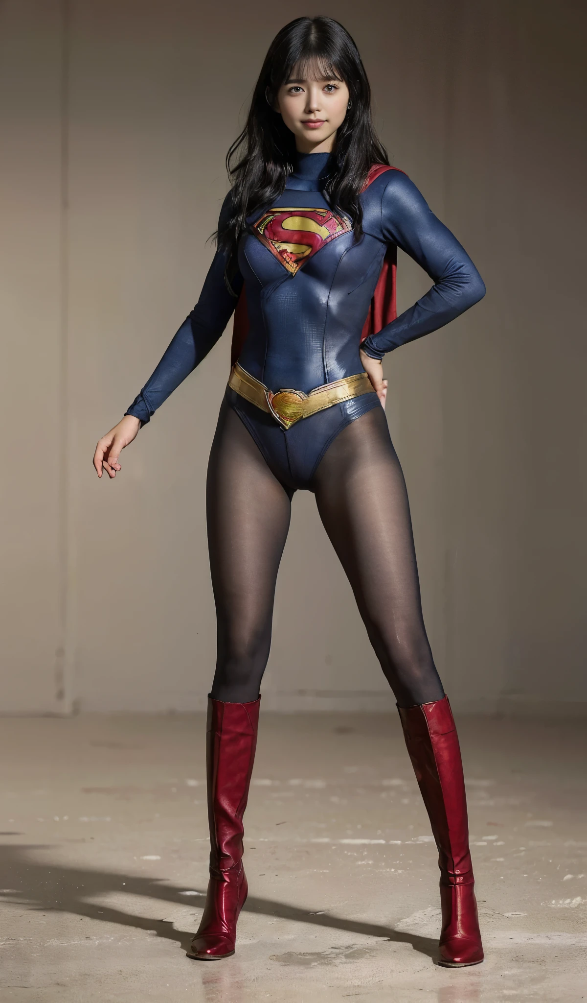 No background、She always has her mouth open、She always has a sad look on her face、Always close your eyes、(((Beautiful legs in black tights.)))、(((Stretch your legs、expensive、Showing a beautiful smile)))、((((Make the most of your original images)))、(((Supergirl Costume)))、(((Beautiful Short Hair)))、(((Suffering face)))、(((Black tights legs、Wear red boots)))、((Best image quality、8k))、((Highest quality、8k、masterpiece:1.3))、(((Preserve background )))、Sharp focus:1.2、Beautiful woman with perfect figure:1.4、Slim Abs:1.2、Wet body:1.5、Highly detailed face and skin texture、8k