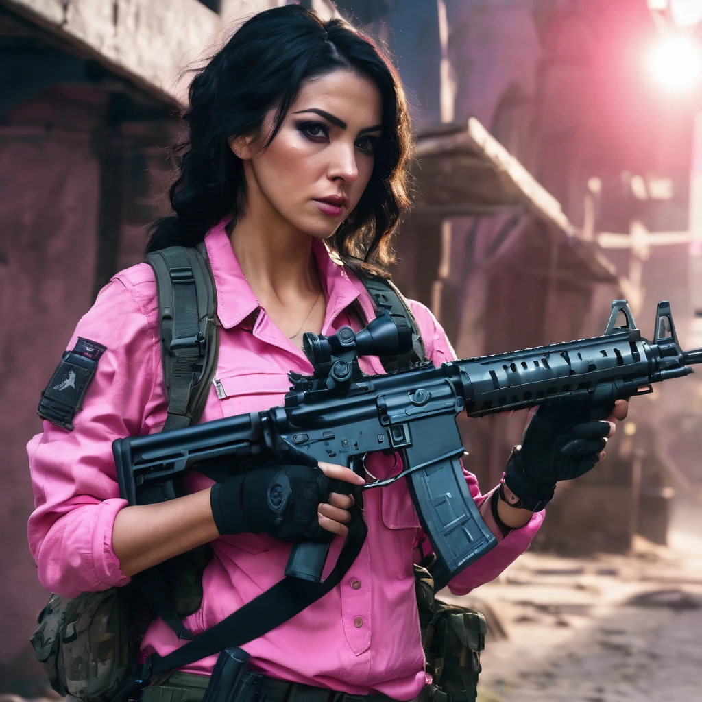 create the image, of a woman dressed as a guerrilla, estilo call of duty modern warfare 3 , with black hair, pink skin, With curves, with a submachine gun in his hand, pointing, focused, Soft lighting, 4k
