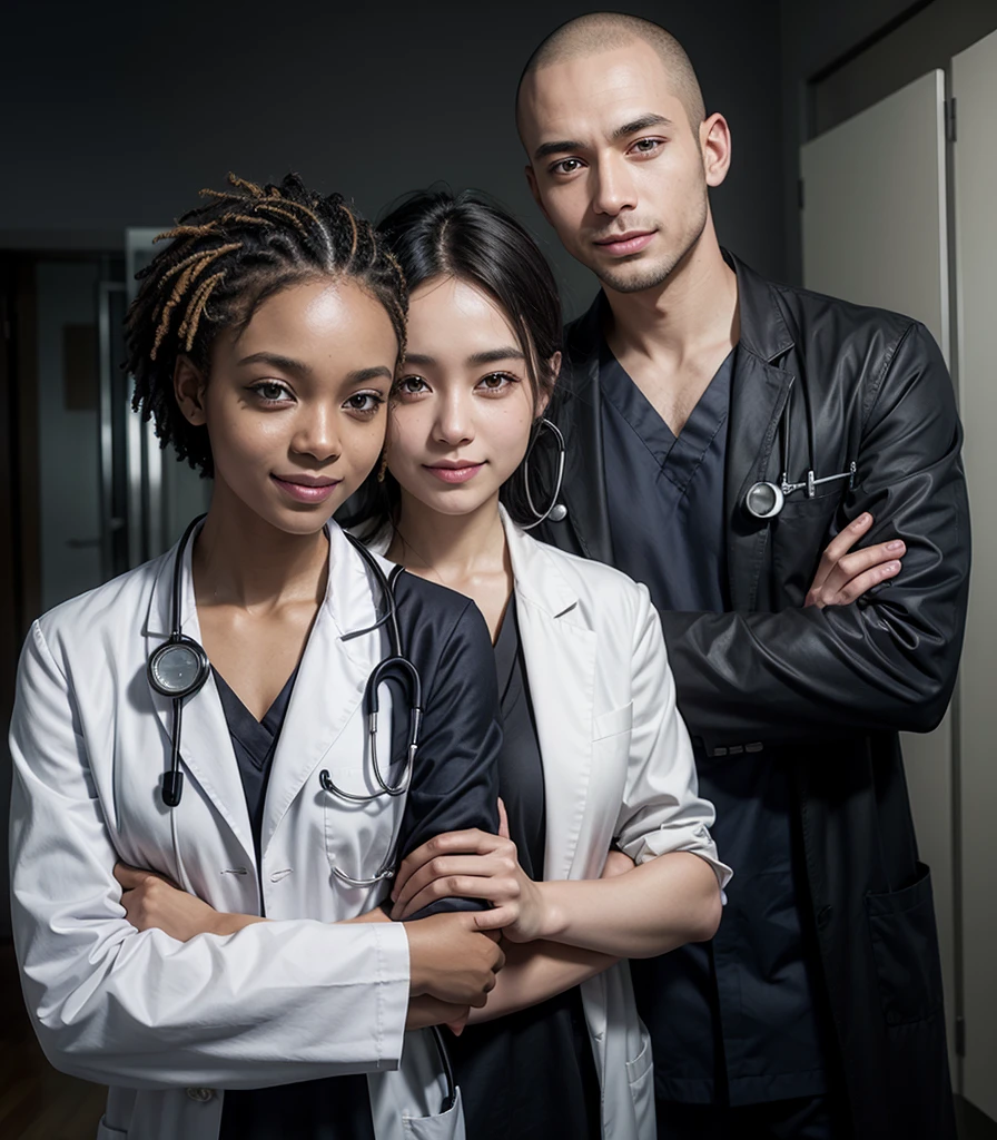 Black doctor, smiling, Very low hair, labcoat, arms crossed and with stethoscope