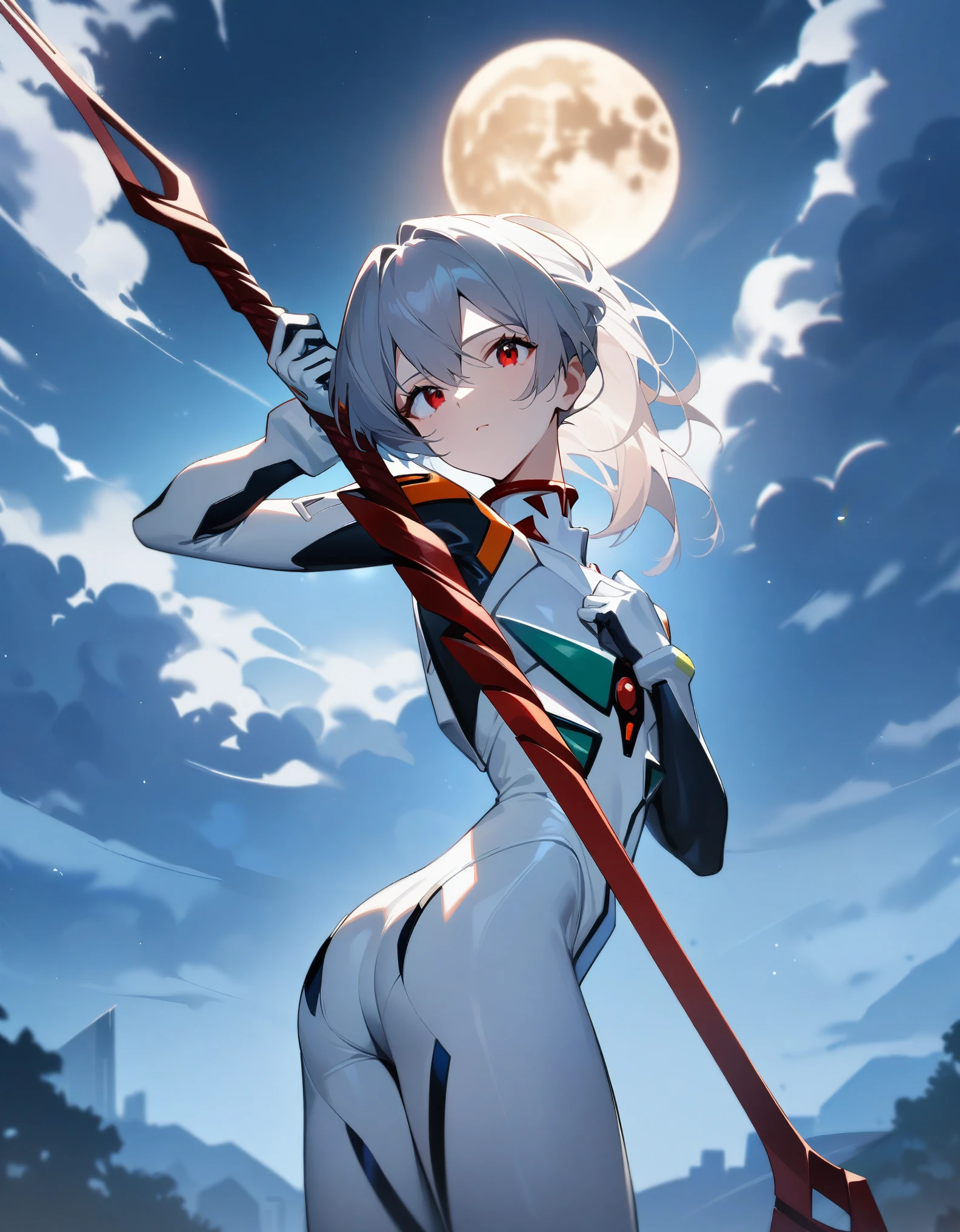One girl, Rei Ayanami, Shortcuts, Neon Genesis EVANGELION, Lance of Longinus, full moon, Plug Suit, Pilot Suit, White bodysuit, Are standing, 00 on the chest, Looking Backwards, Turn your face and stare, , View your viewers, Outdoor, masterpiece, Highest quality, so beautiful, Absurd