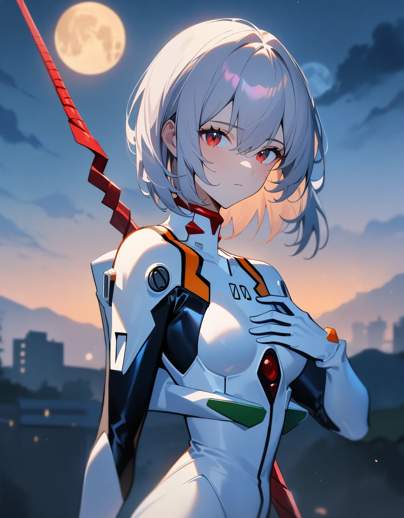 One girl, Rei Ayanami, Shortcuts, Neon Genesis EVANGELION, Lance of Longinus, full moon, Plug Suit, Pilot Suit, White bodysuit, Are standing, 00 on the chest, Looking Backwards, Turn your face and stare, , View your viewers, Outdoor, masterpiece, Highest quality, so beautiful, Absurd