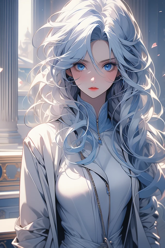 1girl, white hair, blue eyes, white miniskirt, white, , jacket marble hall, obsessive gaze, yandere