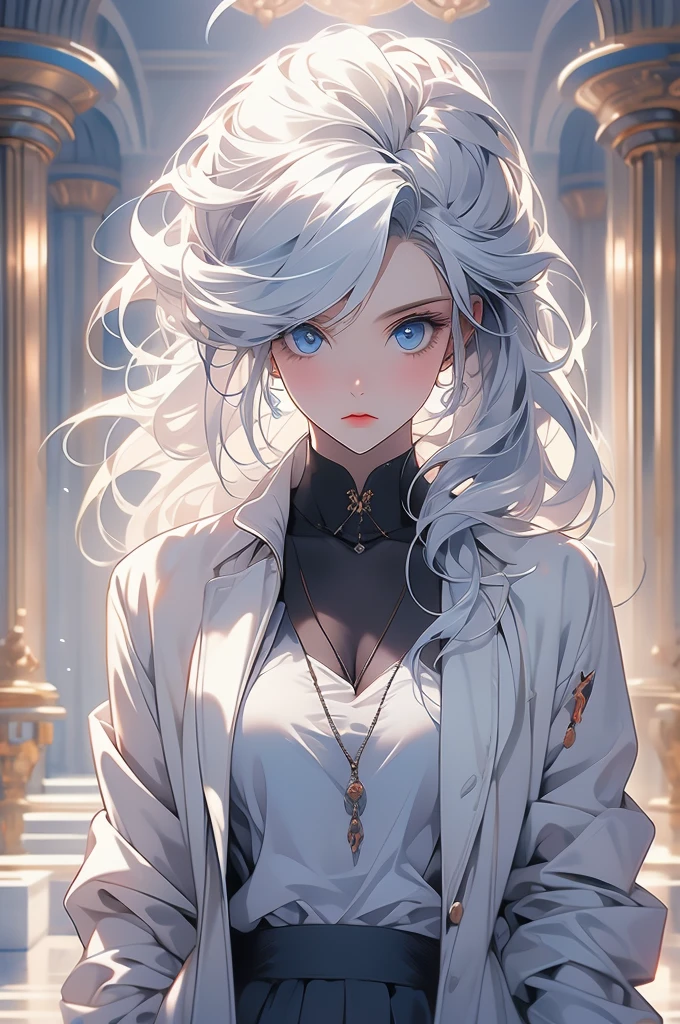 1girl, white hair, blue eyes, white miniskirt, white, , jacket marble hall, obsessive gaze, yandere