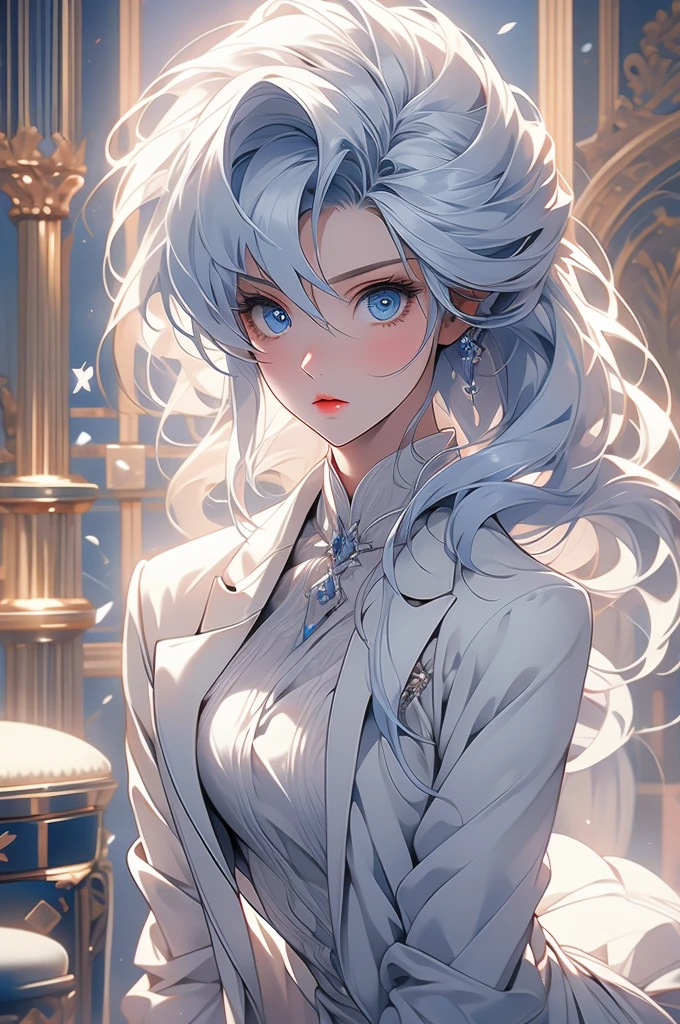 1girl, white hair, blue eyes, white miniskirt, white, , jacket marble hall, obsessive gaze, yandere