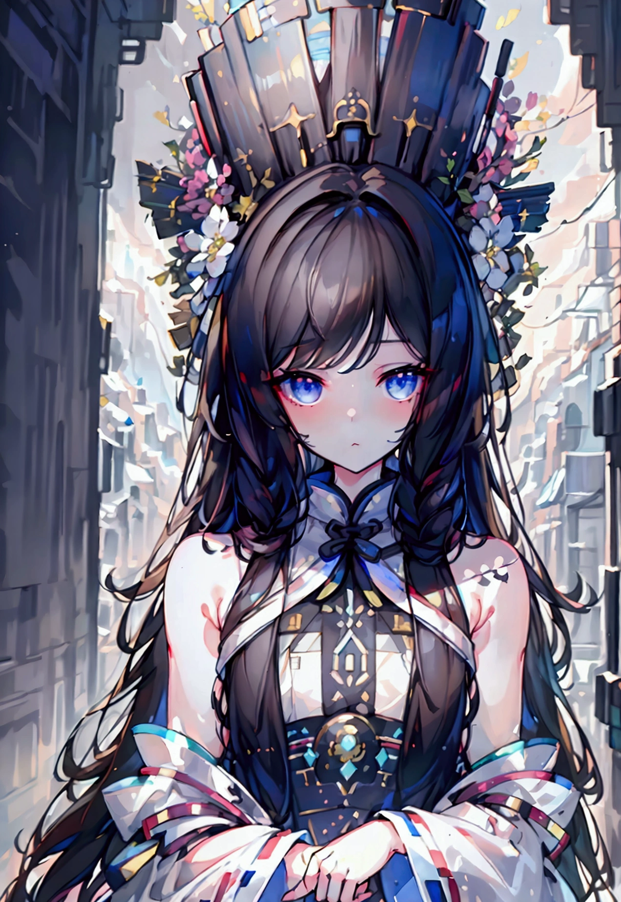 best quality, masterpiece, highres,, 1girl, Detailed face, (Upper body:1.6), Cyber cities, mountains and rivers, night, firefly lights, Realistic, rich in detail, (White hanfu:1.2), (beautiful body:1.4),
