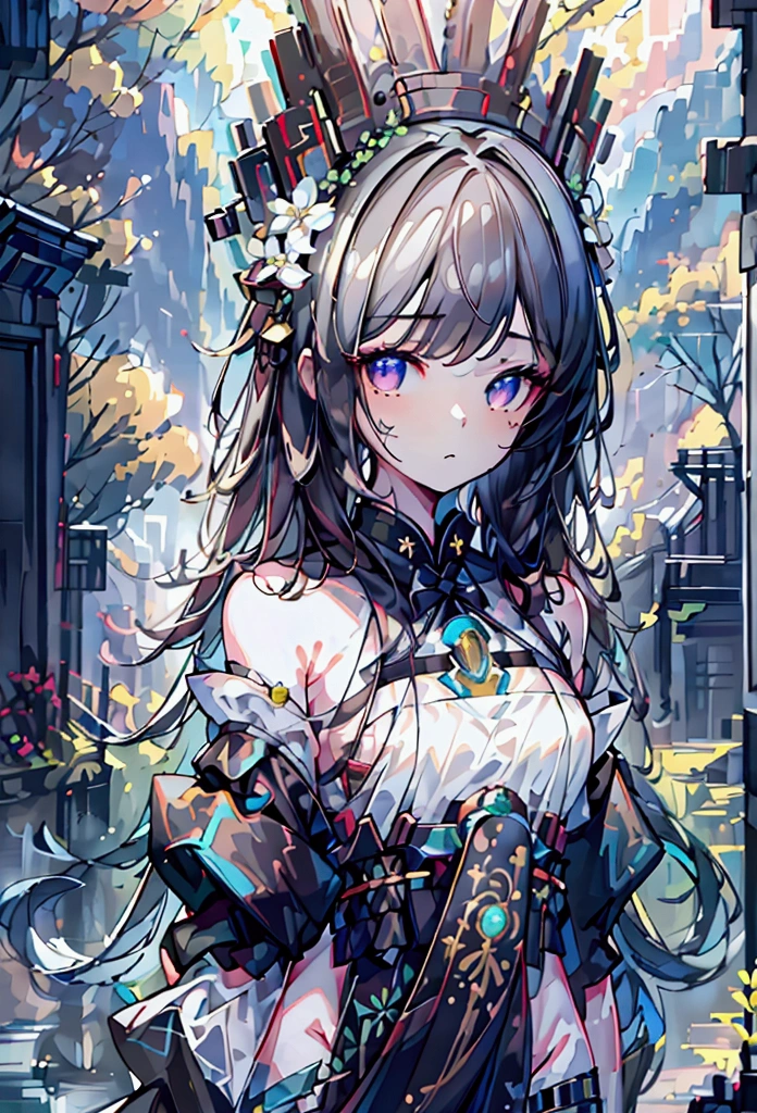 best quality, masterpiece, highres,, 1girl, Detailed face, (Upper body:1.6), Cyber cities, mountains and rivers, night, firefly lights, Realistic, rich in detail, (White hanfu:1.2), (beautiful body:1.4),