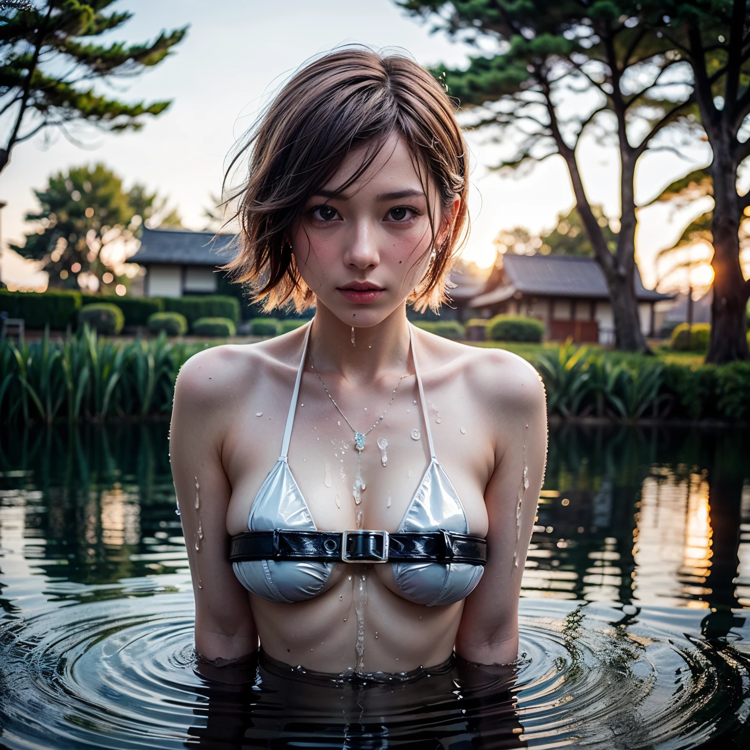 (((Misako Renbutsu)))Beautiful Young Female with Short hair in Lake, extremely delicate and beautiful,Outstanding light and shadow,Clear and bright sunlight, Professional portrait (Face Closeup from below), Semi-nude photography, close up portrait of bathing in a lake, reeds, ((backlighting)) Sparkling water surface with Reflection and Refraction, ((Soaked body in water)), (beltbra) Visible Upper breasts, {lens flare|Shade|bloom|[chromatic aberration]}, TopQuality Masterpiece of 8K Ultra-detailed DigitalPainting (by Jeremy Lipking)
