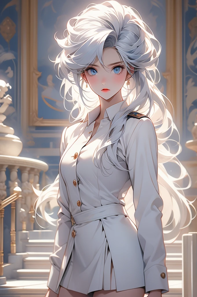 1girl, white hair, blue eyes, white miniskirt, white jacket, uniform, marble hall, obsessive gaze, yandere