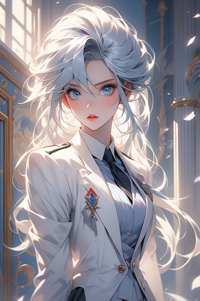 1girl, white hair, blue eyes, white miniskirt, white jacket, uniform, marble hall, obsessive gaze, yandere