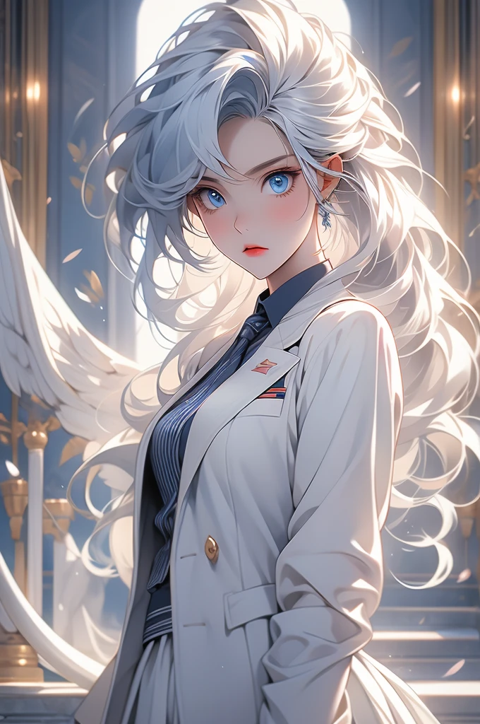 1girl, white hair, blue eyes, white miniskirt, white jacket, uniform, marble hall, obsessive gaze, yandere
