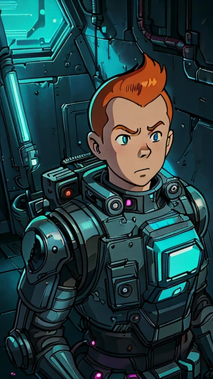 (Teens:1male: Tintin), (extremely detailed CG unit 8k wallpaper),(master part), (best quality), (ultra detail), (best illustration),(CyberpunkAI), cowboy shot, (Sharp eyeliner, ombre, detailed eyes:1), dark neon light cyberpunk indoors background, ,break , (ghibli style), upper body, very short hair,orange hair