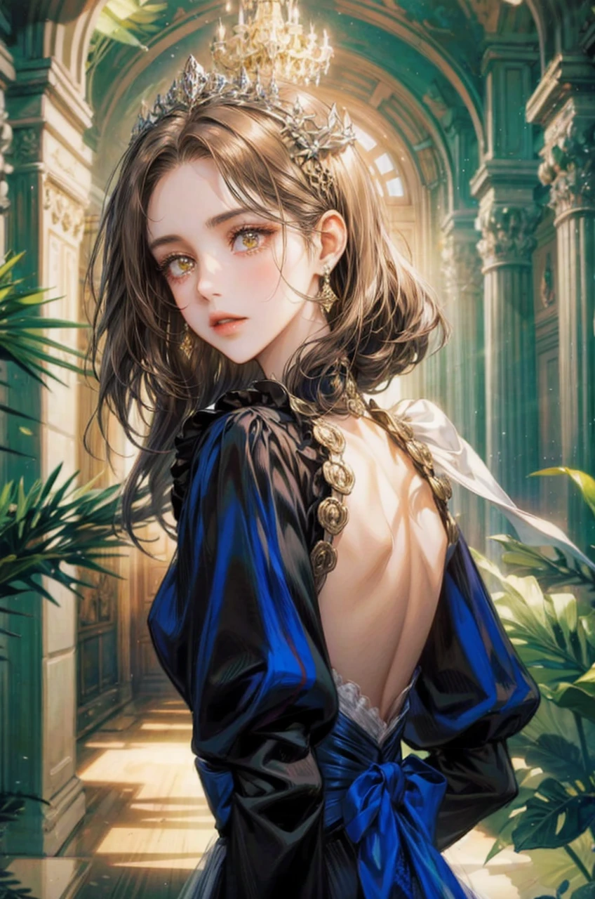 Noble woman, skin black, yellow  eyes, brown hair, comprido, the background is a palace hall 