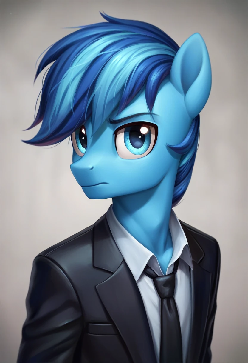 score_9, score_8_up, score_7_up, score_6_up, score_5_up, score_4_up,  by aki99, source_pony, rating_questionable, masterpiece, countershading, detailed soft lighting BREAK
anthro pony Male, full Blue Body, evil look on face, Dark Blue Mane, Light blue eyes, wearing a black suit and tie