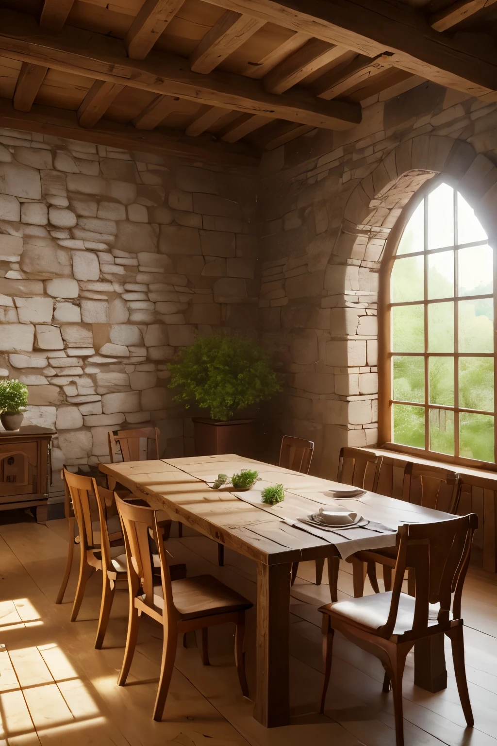 modelshoot style, (extremely detailed CG 8k wallpaper), in the center of the room a wide and long wooden table with food scraps, An old and wide room, with stone walls and little high, without ceiling, at the back of the room there are Roman stone arches in ruins open to a garden  