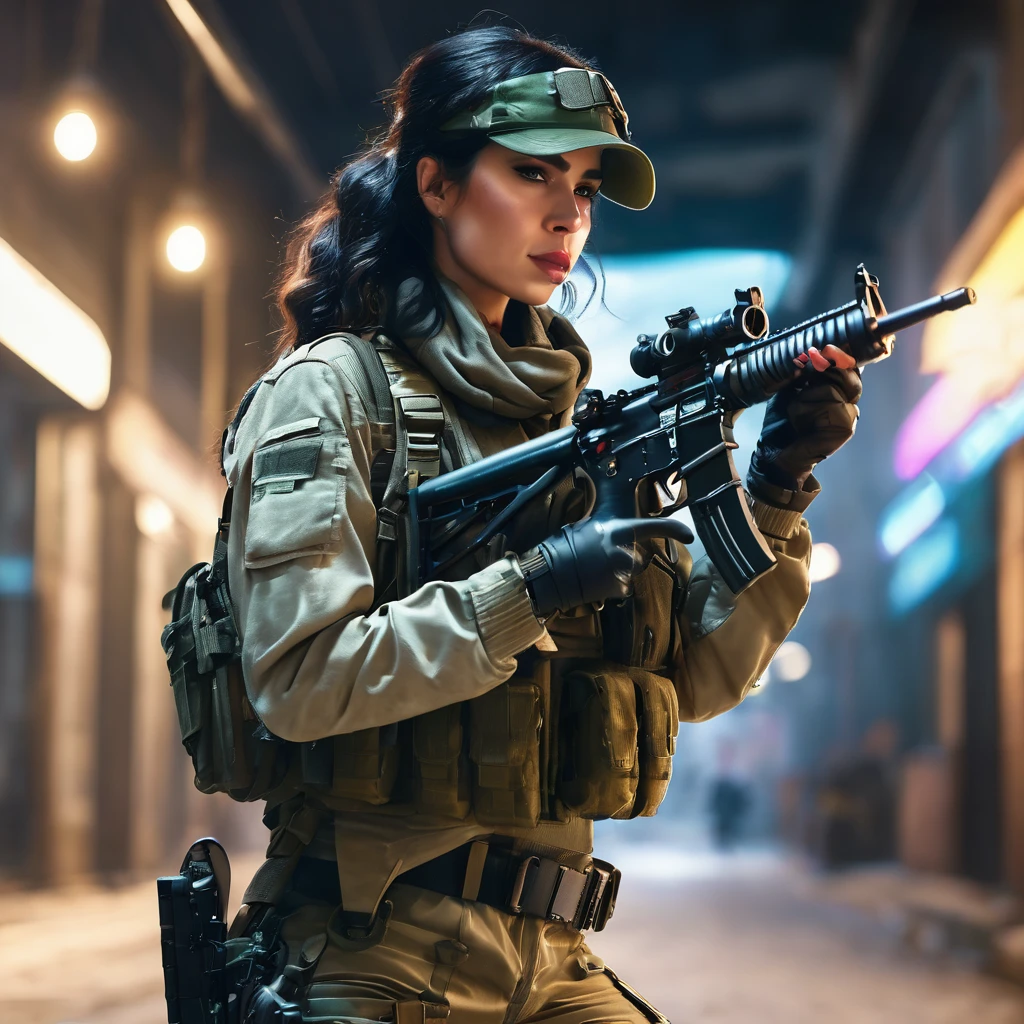 create the image, of a woman dressed as a guerrilla, estilo call of duty, with black hair, white skin, Italian nationality With curves, with a submachine gun in his hand, pointing, focused, Soft lighting, 4k